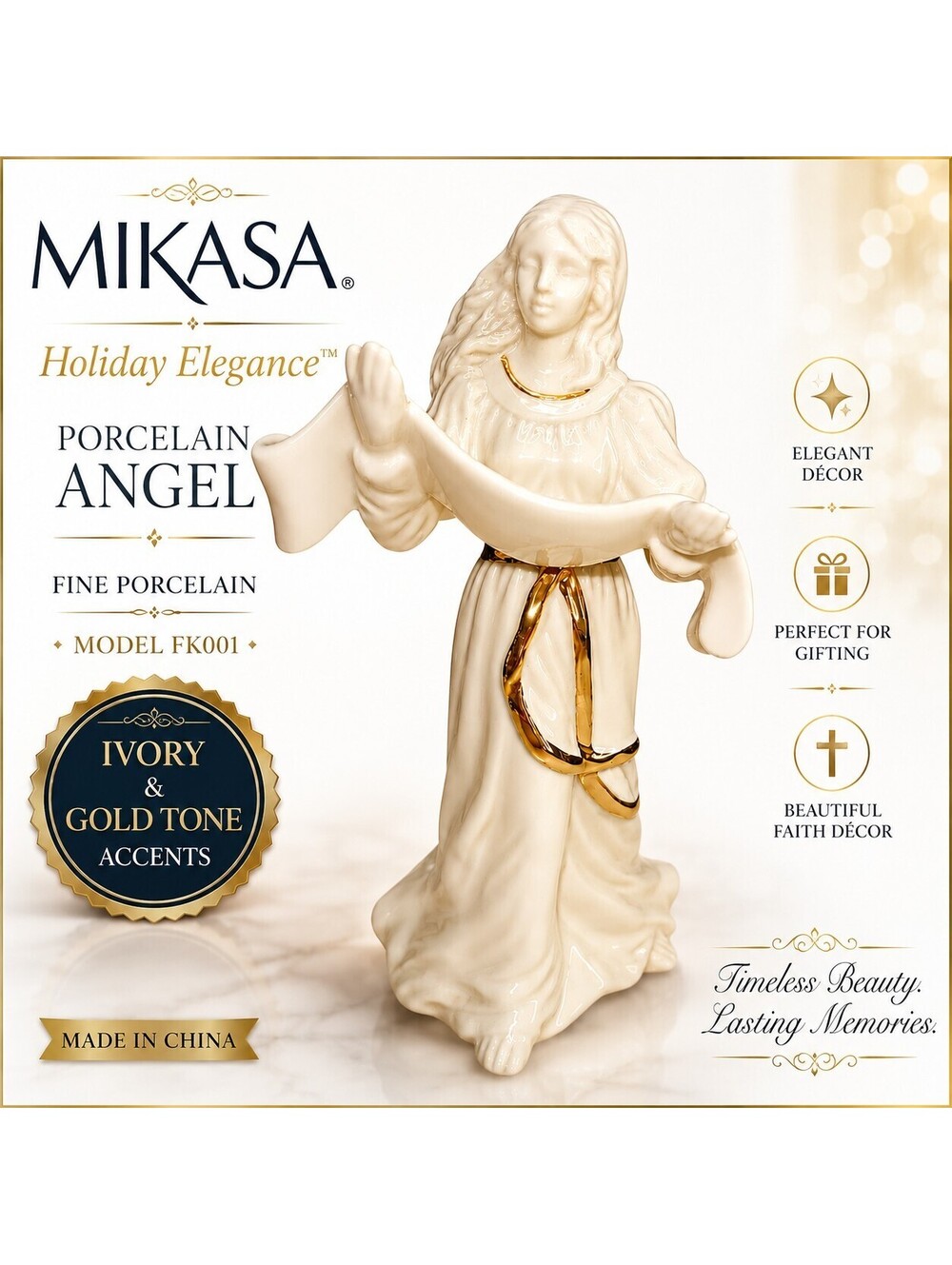 Mikasa Holiday Elegance Porcelain Angel Figurine FK001 Ivory Gold Tone Decor
